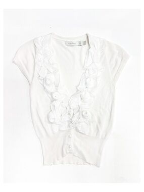 Coquette White Swirl Ruffle Trim Short Sleeve Knit Cardigan w/ Pearl Buttons XS